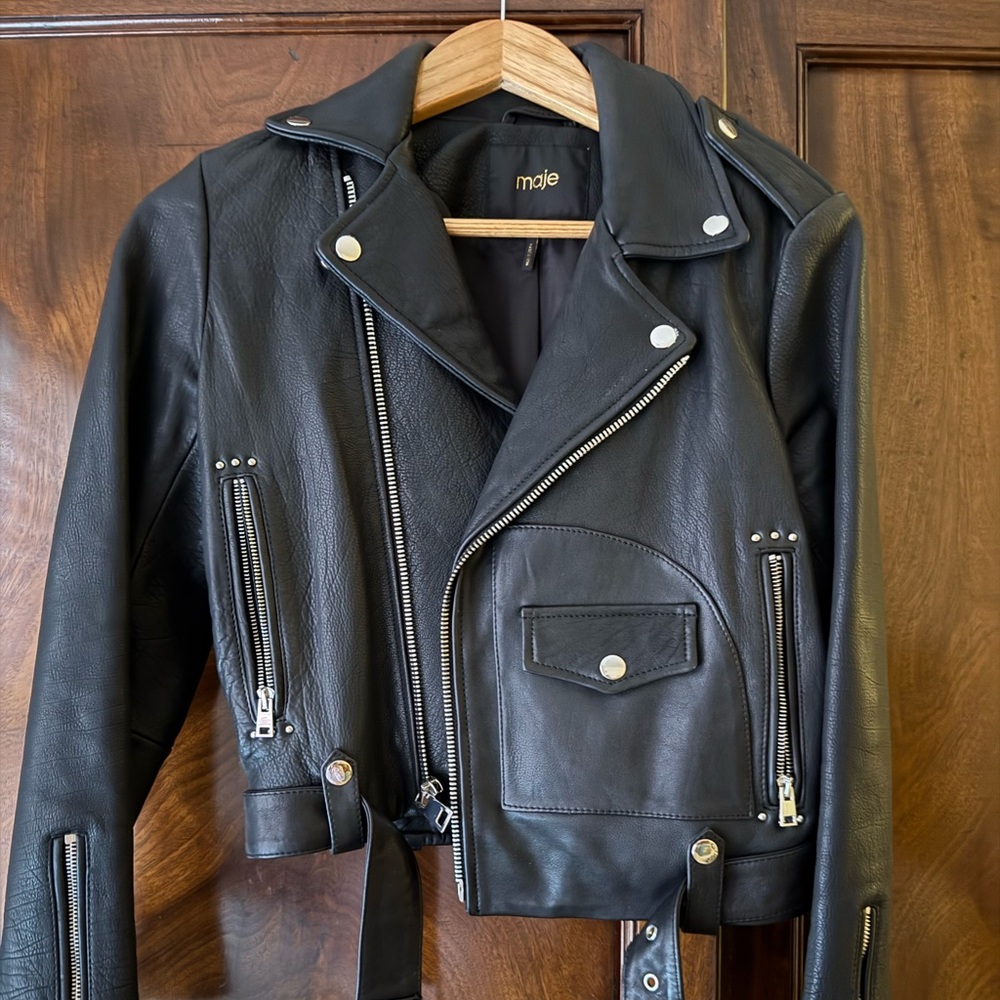 Maje Black Leather Moto Jacket with Silver Accents